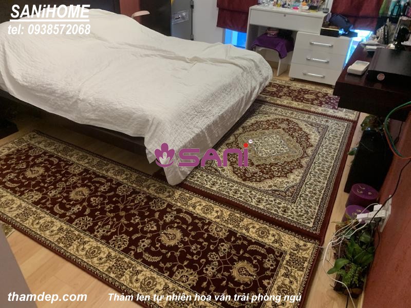 Thảm hoa văn chất liệu len tự nhiên trang trí phòng ngủ