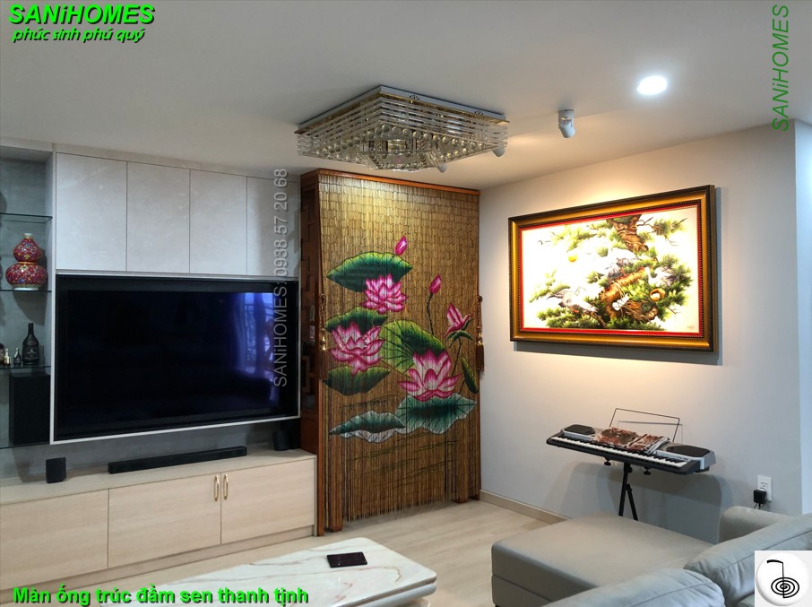 Màn trúc phong thủy tranh hoa văn đầm sen thanh tịnh